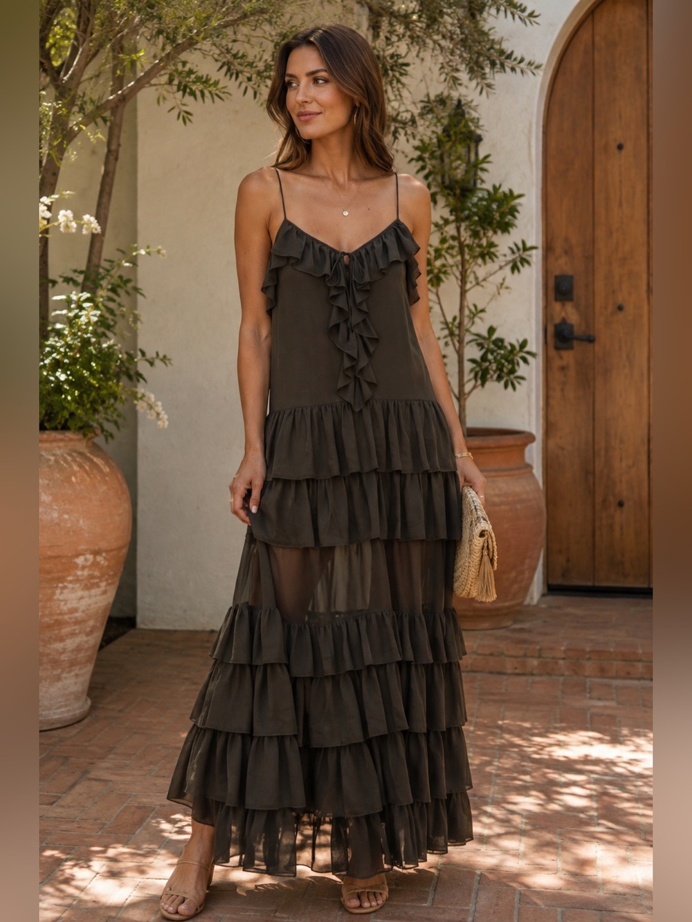 TORN BY RONNY KOBO Orcadia Tiered Ruffle Maxi Dress Dark Gray Size M NEW
